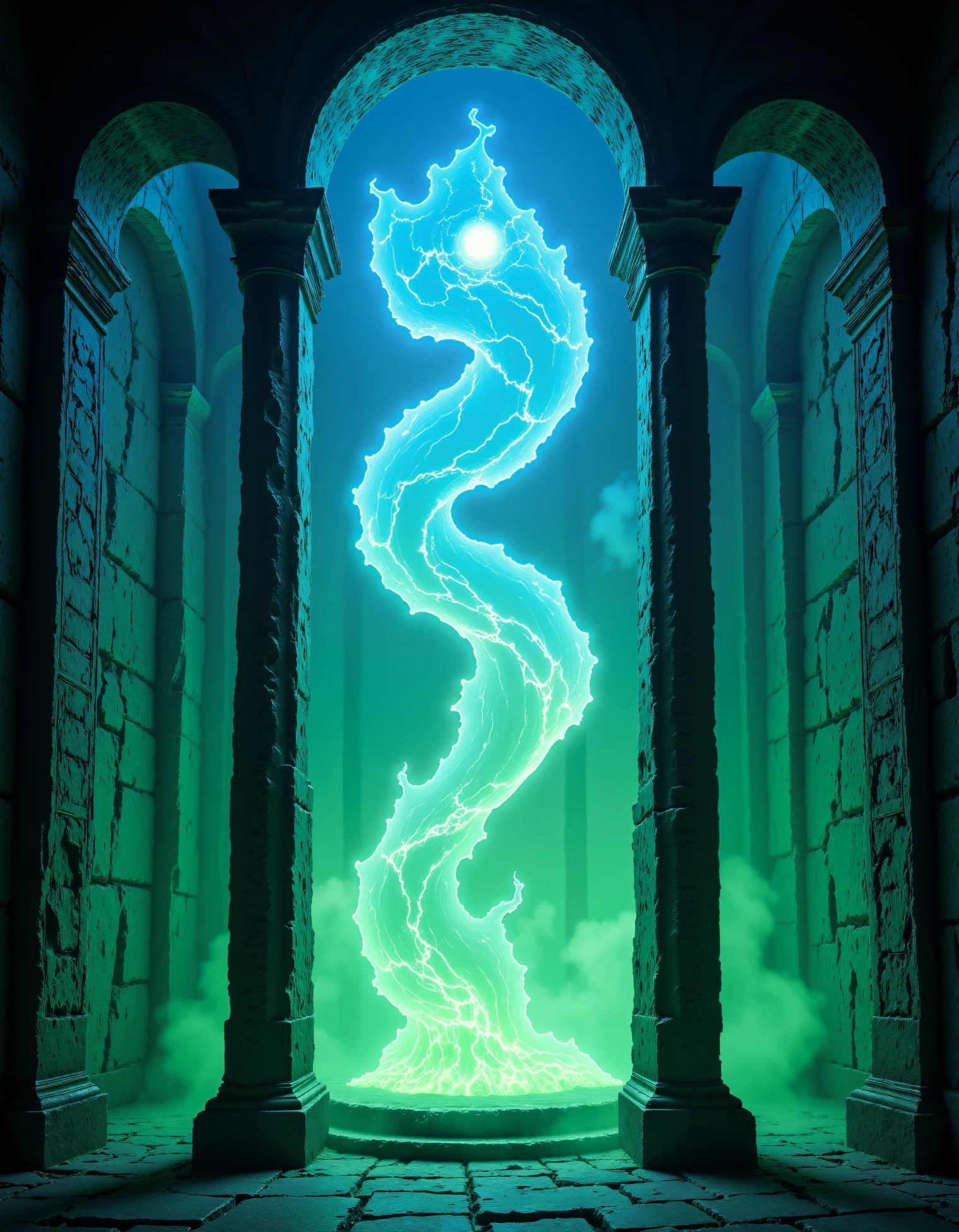 zavy-ctplsm, Deep within an ancient stone temple, a swirling portal of ectoplasm hovers between two cracked pillars. The portal glows in shades of blue and green, flickering like ghostly flames. Tendrils of ectoplasmic energy snake out from the portal, lighting up the room with an eerie, unnatural glow. The stone walls of the temple are lined with faded glyphs that seem to pulse faintly with the same energy, as if resonating with the presence of the portal