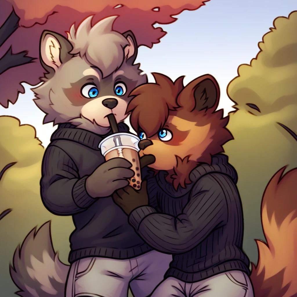 score_9_up, score_8_up, score_7_up, source_furry, silver.exe, blue eyes, brown fur, raccot, black sweater, gray shorts, holding, bubble tea, park