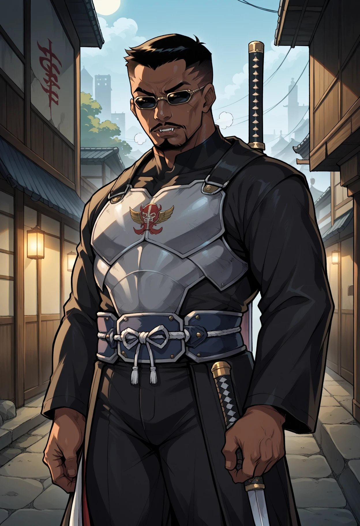 score_9, score_8_up,score_7_up, source_anime, 1boy, solo, bldeb, male focus, manly, dark-skinned male, dark skin, black hair, very short hair, facial hair, mustache, beard, goatee,vampire, 
sunglasses,
katana, samurai armor, topknot, Japanese castle, war banner,
alley, nighttime , dark alley, neon lights,  abandoned, steam,
<lora:bldweb_pdxl_EliPot:1>