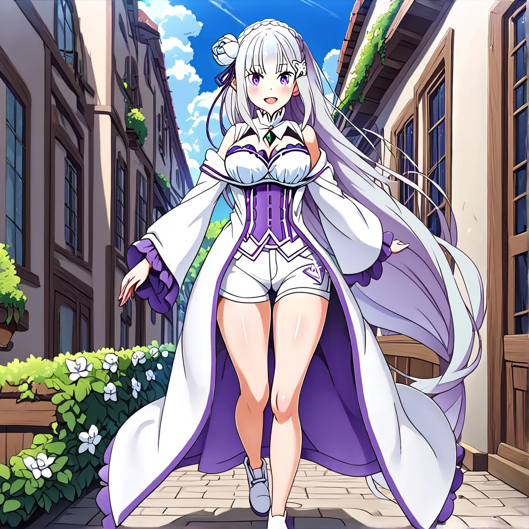 <lora:Emilia:1>, emilia, is a beautiful half-elf, large breasts, big butt, with long silver hair, with a white flower in her hair, purple accessoire in hair, purple-blue eyes, wears a white hoodie, green crystal near chest, with an white and amythyst cardigan, white jeans with amethyst stripes, with a white cloak, and white shoes, solo