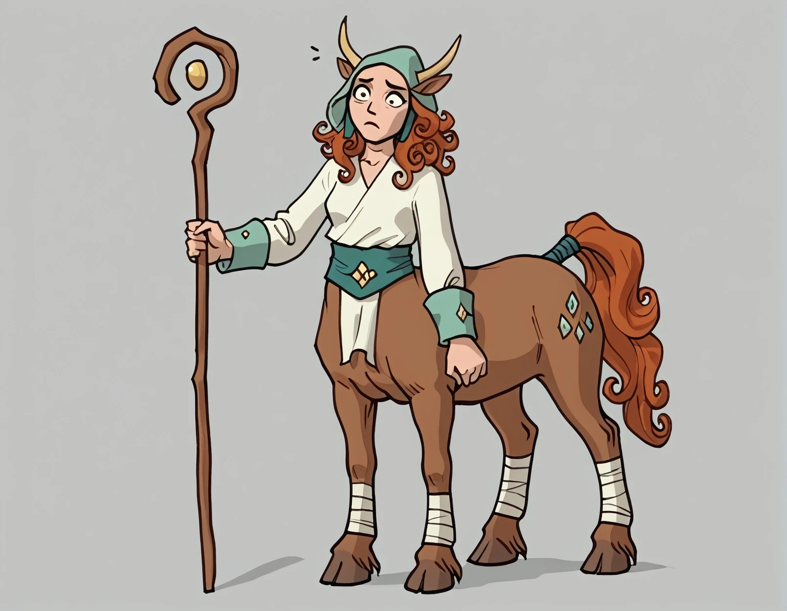 <lora:oglaf_pony_v3:1> art style by oglaf, the image is a cartoonish drawing fantasy 1girl solo full_body ([(Asian)|(Medeteranian)]:1.25) (female) (centaur) (enchanter) rober staff magic (mine shaft) (confused), score_9, score_6_up, score_7_up