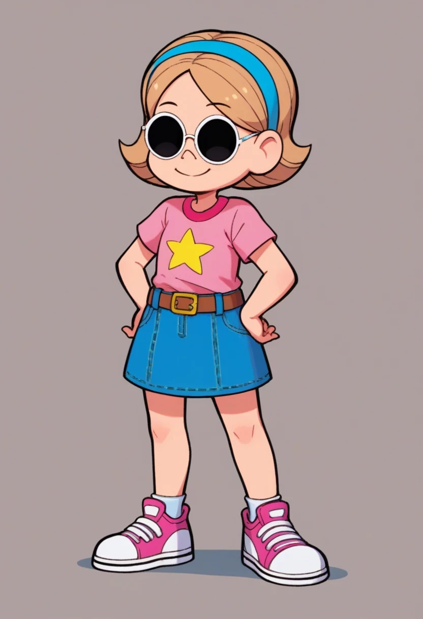 dorinha, 1girl, solo, smile, short hair, shirt, skirt, holding, standing, full body, short sleeves, hairband, shoes, glasses, belt, blue skirt, sunglasses, denim, sneakers, pink shirt, round eyewear, pink footwear, brown belt, style parody, blue hairband, denim skirt