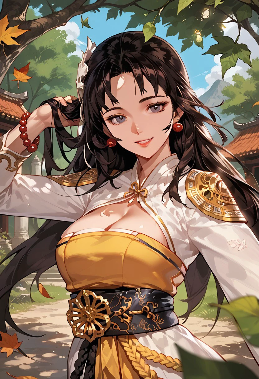 score_9,score_8_up,score_7_up,source_anime, SHAMAN_(DUNGEON_AND_FIGHTER),1girl,solo,breasts,looking at viewer,smile,large breasts,long sleeves,hair ornament,dress,cleavage,jewelry,outdoors,earrings,day,tree,sash,leaf,beads,hand in own hair,