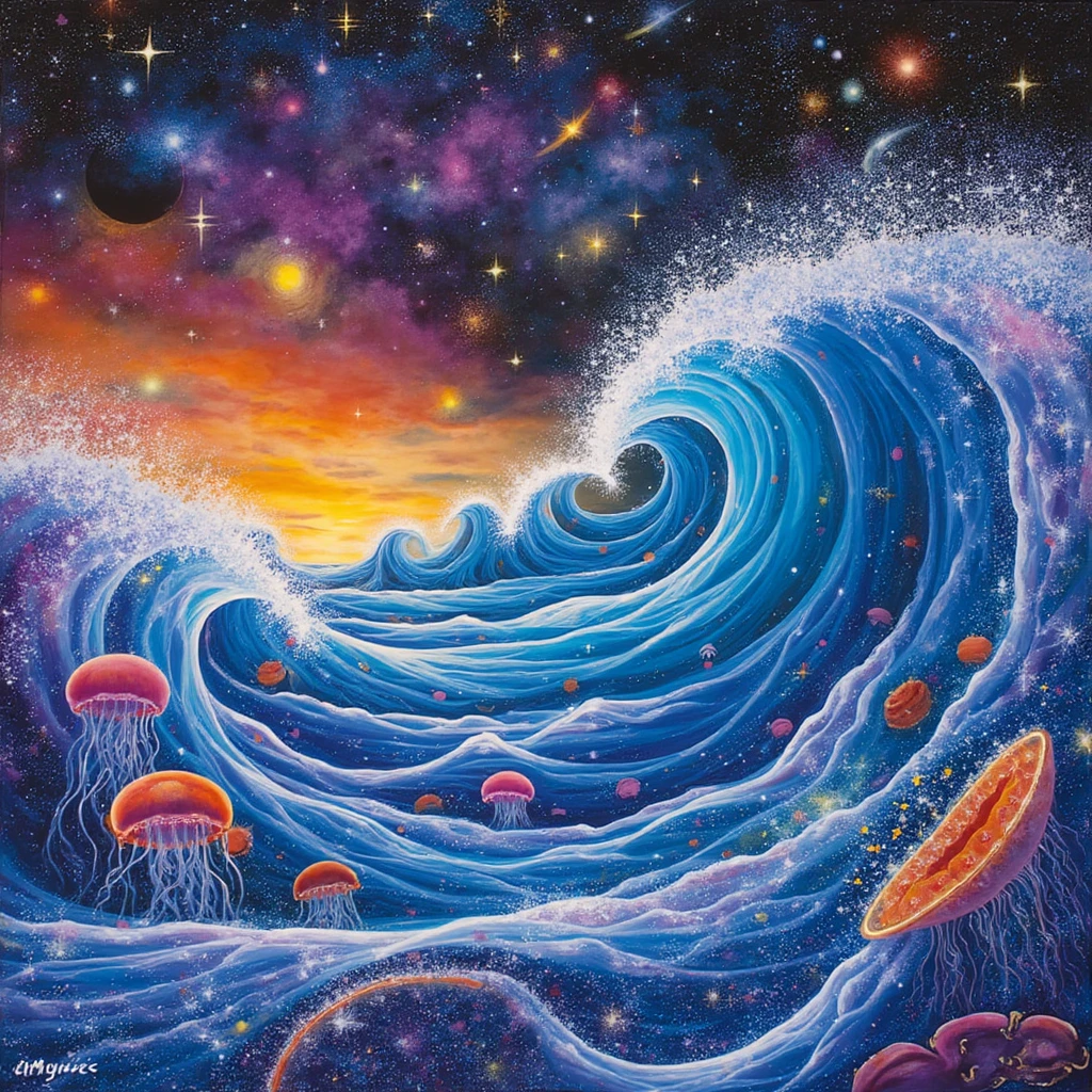 A surreal scene using a traditional indigenous art style, full of swirling intricate psychedelic patterns, depiciting Floating in a vast cosmic sea, you see waves made of pure light, crashing slowly in rhythmic, mesmerizing motions. Every wave shimmers in shades of gold, lavender, and deep cerulean, with galaxies and stars trapped within the crests. Jellyfish the size of planets drift by, their tentacles trailing sparkling dust. The water itself seems to be alive, shifting between a liquid state and a field of energy, vibrating gently. Above you, the sky is a canvas of swirling galaxies and nebulae, with shooting stars and meteor showers blazing across the horizon in slow motion.