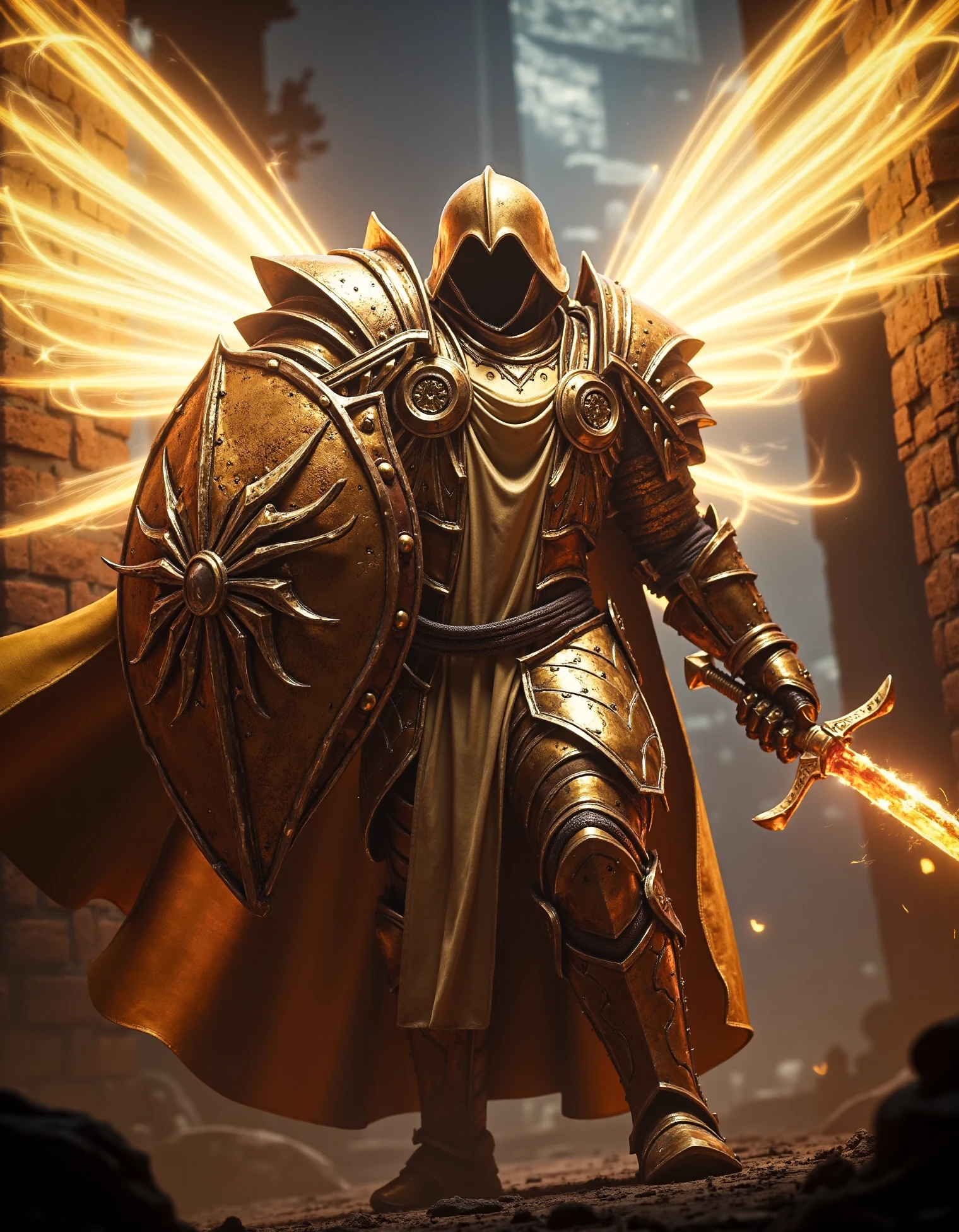 zavy-thrlngl, close-up action portrait shot of an angel with golden ethereal wings wearing golden armor and gold helmet in a dungeon in combat with his huge shield and sword aimed at the camera while the sickly glow of demonic energy seeps into view, dynamic pose, action pose, dynamic angle, knight,