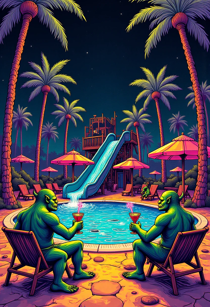 PschadelicPopSurrealism, with vibrant linoprint colors.  euneirophrenia impression of a orcs  in A private club with a water slide and beach chairs by the pool where every table has nice drinks infused with Forest Green and Leather Brown expressed in geometric shapes. Various parts of the image emits beams of Cocoa Brown and Midnight Purple colored light.   The piece should feel as though it's stepping out of a surreal dream, with each element feeling random yet cohesive in a Pop Surrealist way. Well aligned to Pop Surrealism, Psychedelic Pop, with a touch of cyberpunk mixed in