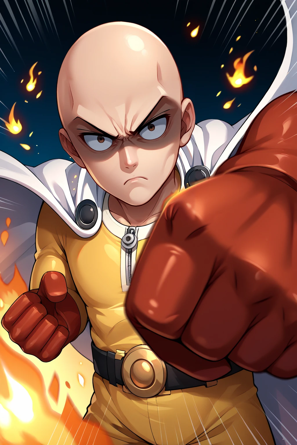 score_9, score_7_up, source_anime, shaded face, serious, 0pm, 1boy, bald, brown eyes, yellow bodysuit, white cape, red gloves, red boots, zipper, black belt, belt buckle, fire, embers, clenched hand, punching, speed lines, perspective, pov, motion blur, <lora:Hoseki_OnePunchMan_Saitama_PDXL_v1:1>