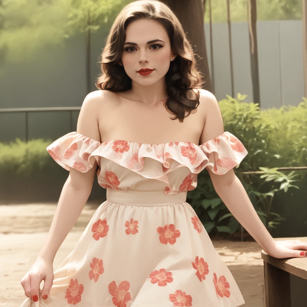 <lora:peggycartermcu_pony_v1:1>PeggyCarterMCU, 1girl, black eyes, brown  long hair, medium breasts, red nails, cowboy shot <lora:floral_offshoulder_dress_v1.1-pony:1> off shoulder dress, floral print