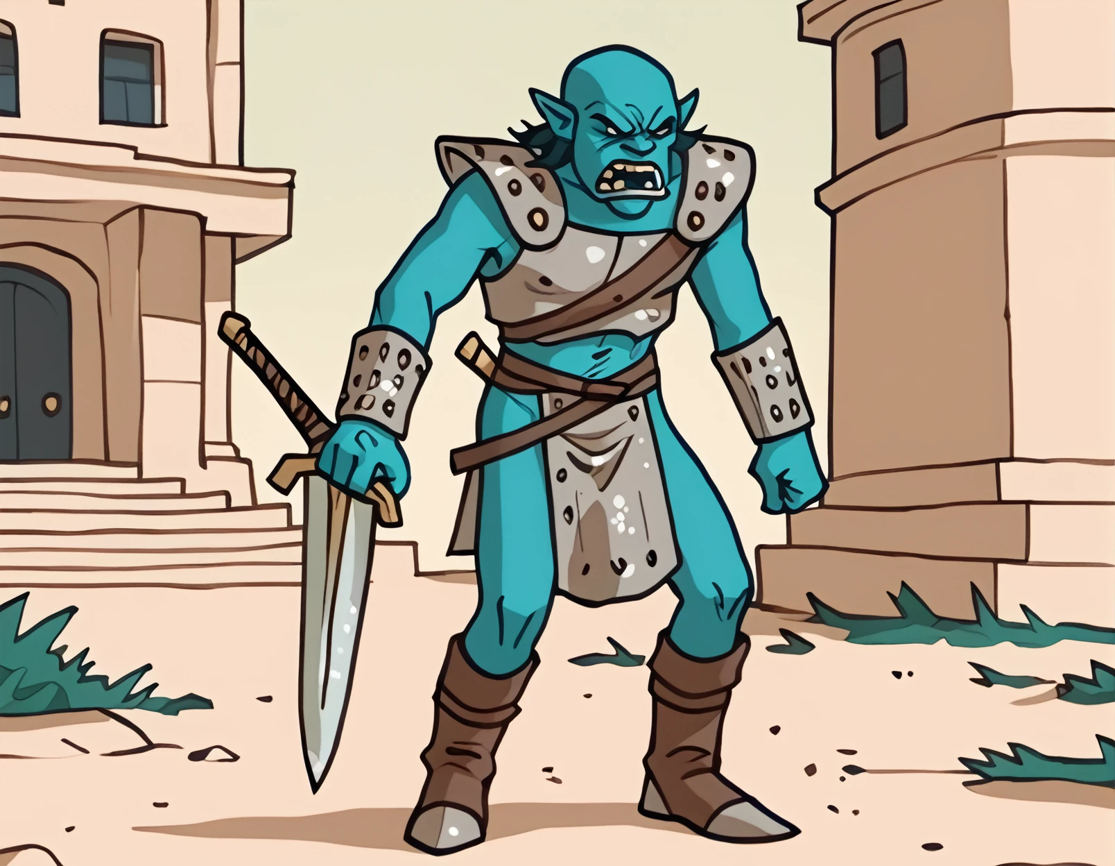 <lora:oglaf_pony_v3:1> art style by oglaf, the image is a cartoonish drawing fantasy 1boy solo full_body ([(german)|(Macedonian)]:1.25) (male) (troll) (knight) plate armor sheathed sword (inn) outdoors angry, score_9, score_6_up, score_7_up