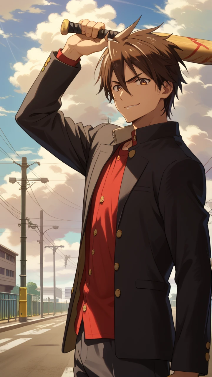 score_9, score_8_up, score_7_up, mature male, looking at viewer, cowboy shot, from side,
<lora:Takashi_Komuro_Dwnsty:1>, takashi_komuro, brown hair, brown eyes, hair between eyes, short hair, school uniform, black jacket, buttons, red shirt, 
light smile, smirk, baseball bat, holding weapon, hand up, arm up, weapon over shoulder, 
outdoors, street, cloudy sky, highway,