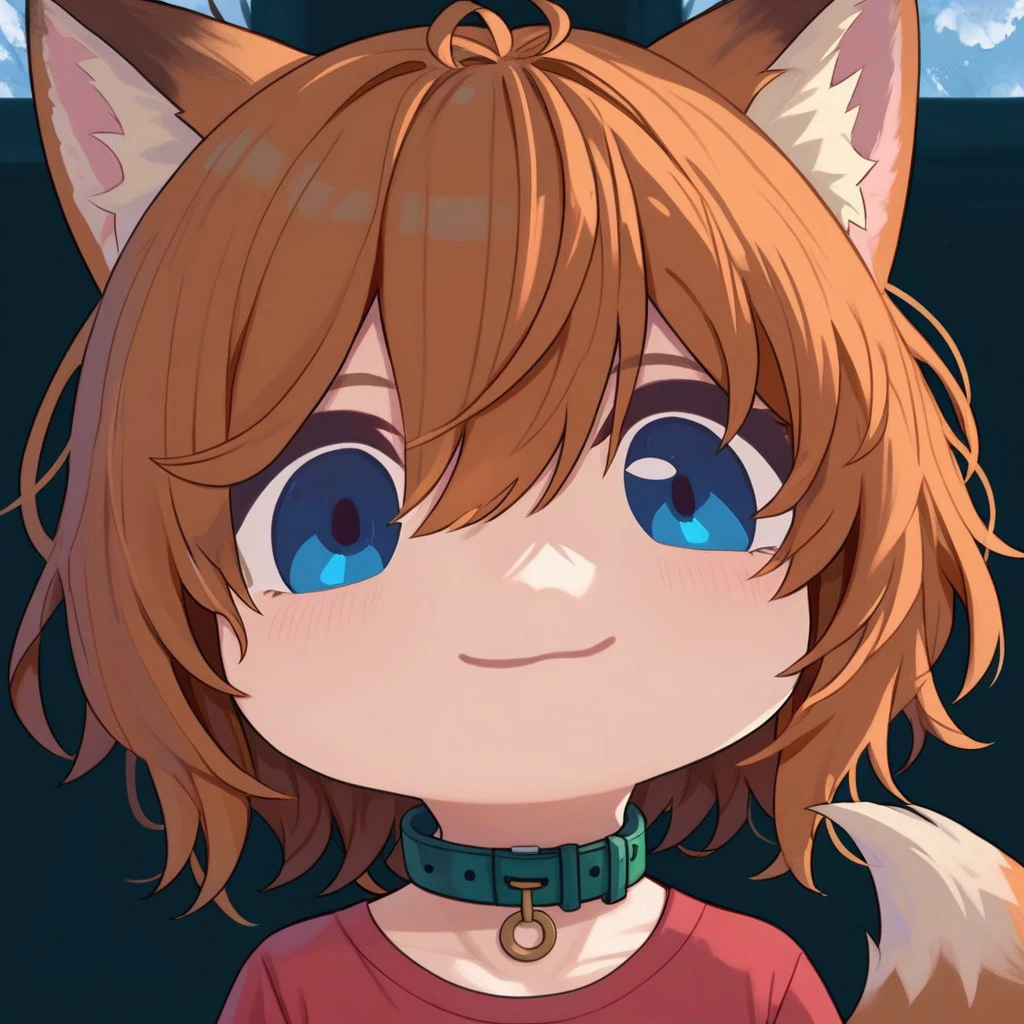 score_9, score_8_up, score_7_up, ba_chibi, Millyfox, fox ears, animal ears, blue eyes, brown hair, short hair, messy hair, tail, collar, red shirt, short sleeves,