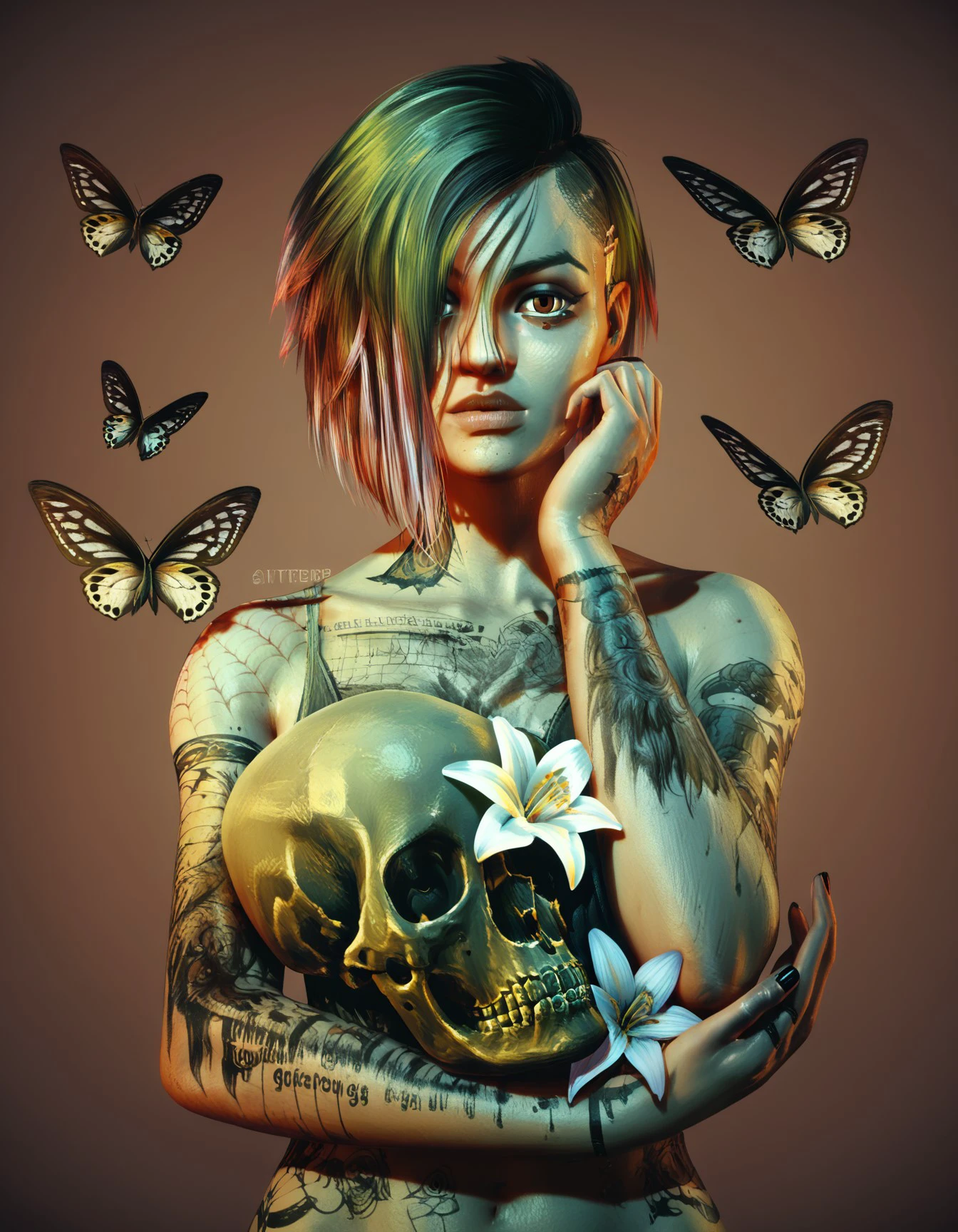 score_9, score_8_up, score_7_up, Rtx Graphics style, 1girl, solo, looking at viewer, short hair, brown eyes, upper body, flower, hair over one eye, tattoo, watermark, bug, butterfly, skull, realistic, lily (flower), full-body tattoo