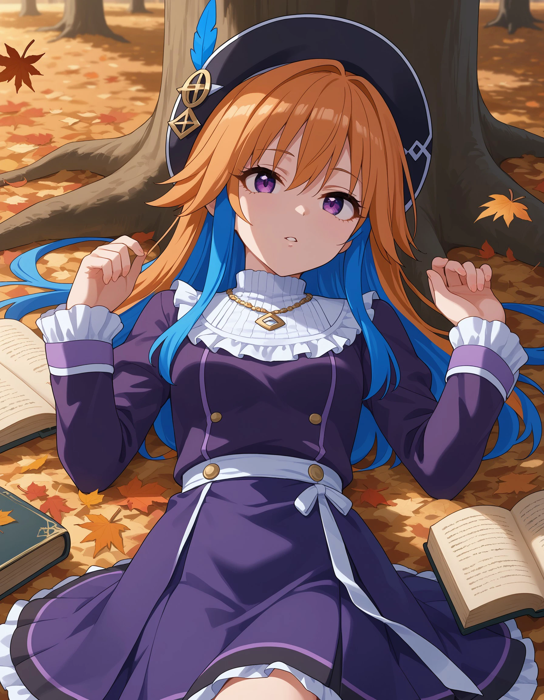 (masterpiece), best quality, expressive eyes, perfect face, autumn leaves, jewelry, book, tree, hair ornament, autumn, leaf, necklace, lying, hat, two-tone hair, shirt, frills, blue hair, holding, long hair, parted lips, long sleeves, feathers, skirt, looking at viewer, on back, asuka_n, orange hair , purple eyes, <lora:d93be3bb-a649-4b2a-86ec-3ce1fce180b8:0.7>