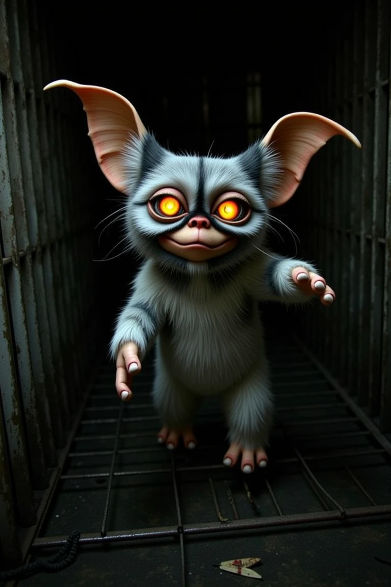 A low-key lit, dimly lit room is bathed in an eerie atmosphere as a feral mogwai is trapped in a worn, rusty cage. The mogwai's eyes glow with an unnatural intensity, its fur matted and dirty from confinement. A single flickering light source casts long shadows on the walls, emphasizing the sense of despair and desperation.