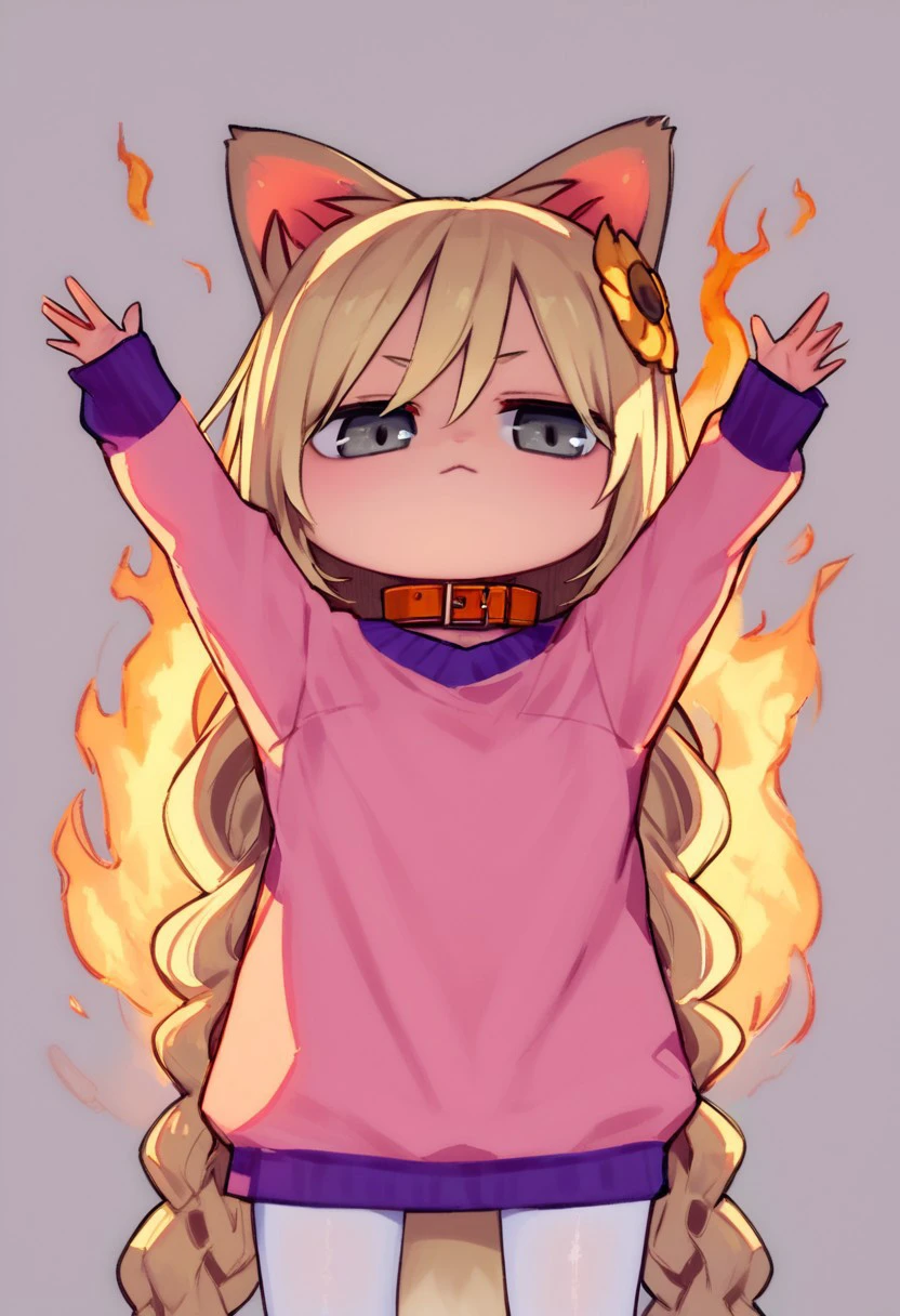 score_9, score_8_up, score_7_up, arms up, fire, outstretched arms, upper Body, burning, chibi, Flowerfox, grey eyes, fox ears, animal ears, twin braids, blonde hair, long hair, very long hair, hair ornament, tail, collar, sweater pink sweater, white pantyhose,