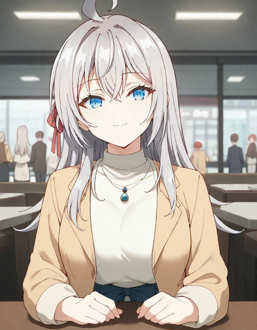 score_9, score_8_up, score_7_up, source_anime,
1girl, solo, blurry background, looking at viewer, cowboy shot, restaurant, indoors, crowd, head tilt, light smile, table, hands on table, pov, glass, juice,
<lora:alisa_mikhailovna_kujou_anime_v5-soralz:1>, alisa mikhailovna kujou, long hair, silver hair, ahoge, crossed bangs, red hair ribbon, sidelocks, blue eyes,
casual outfit, brown jacket, white sweater, necklace, pendant