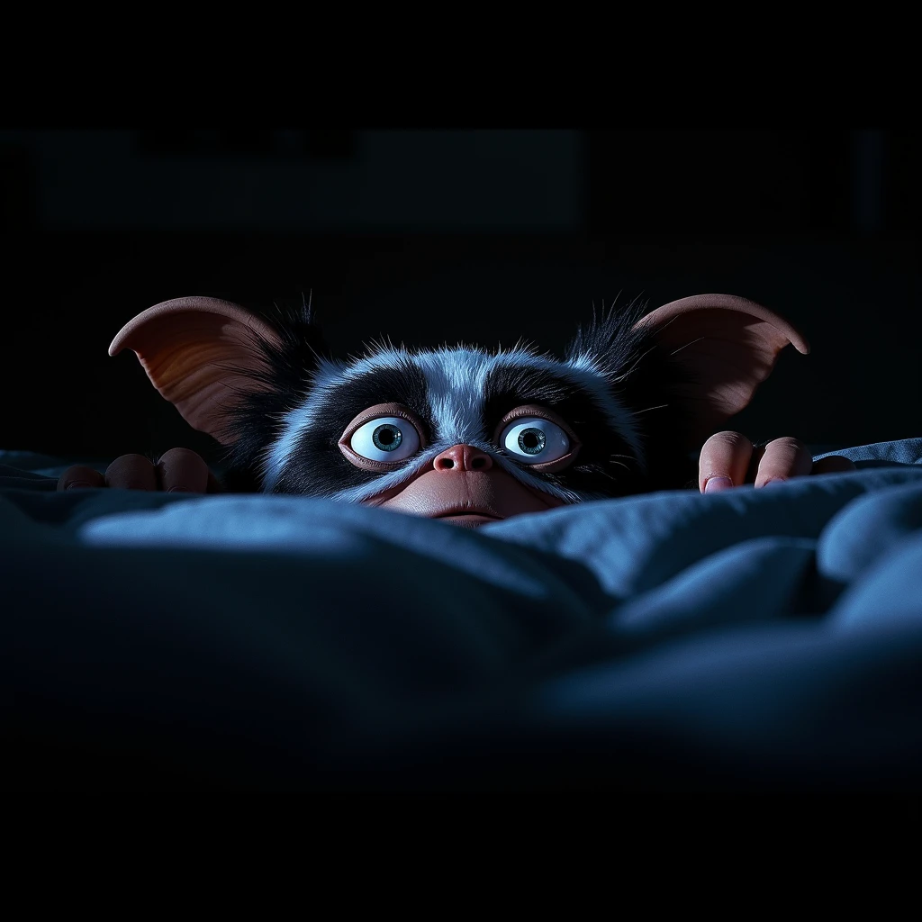 A close-up shot of a Mogwai peeking out from under the bed, lit only by a faint, eerie glow seeping through the cracks. The creature's eyes gleam with mischief as it gazes out into the darkness, its fur fluffed up in alarm. The shadows cast long and ominous on the walls, framing the Mogwai's anxious expression. Movie poster with title " Mogwais ", subtitle " Just when you thought it was safe to turn the lights off"