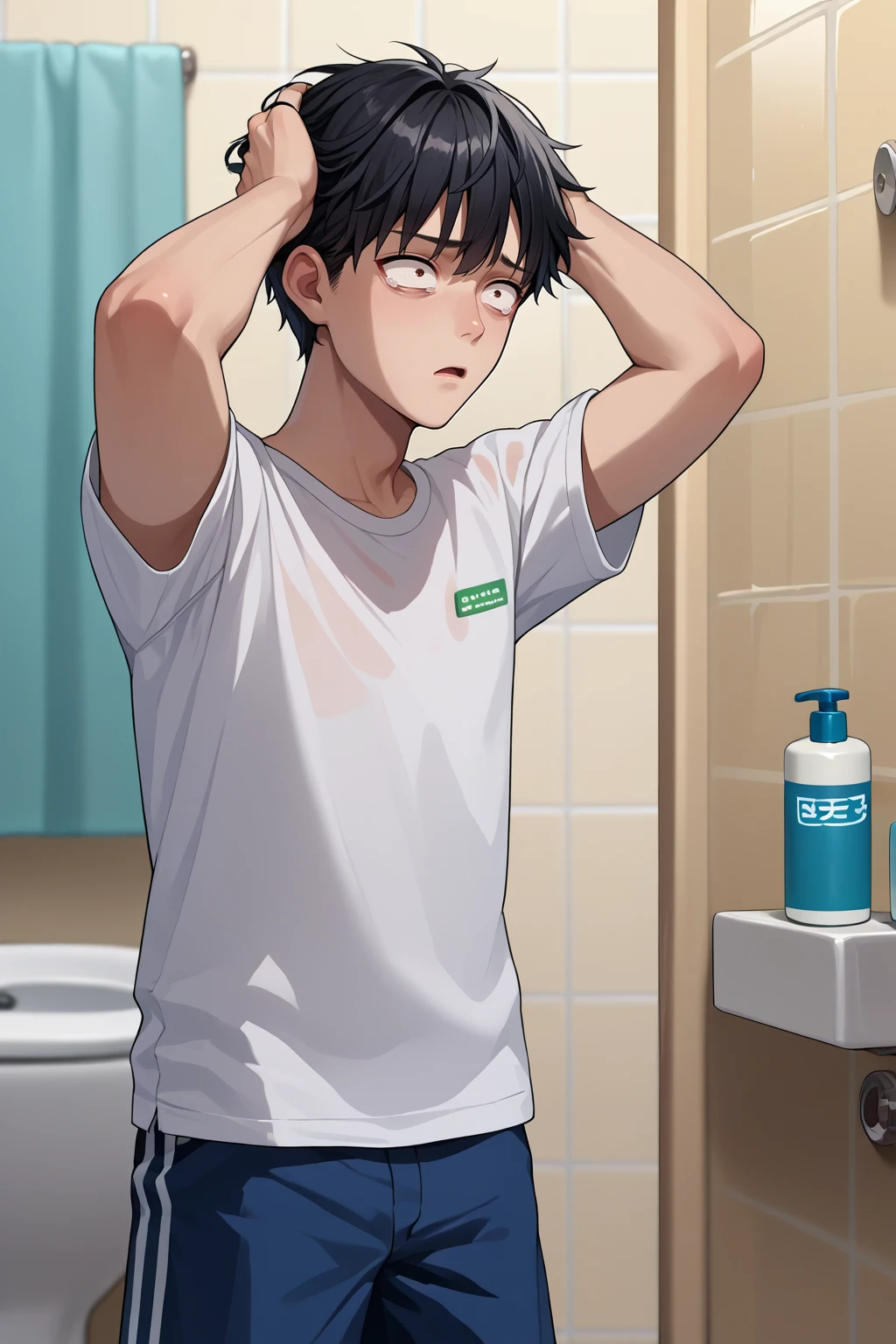 score_9, score_7_up, source_anime, scared, black hair, 0pm, 1boy, black hair, short hair, brown eyes, white shirt, shorts, hands in own hair, indoors, bathroom, hair strand, <lora:Hoseki_OnePunchMan_Saitama_PDXL_v1:1>