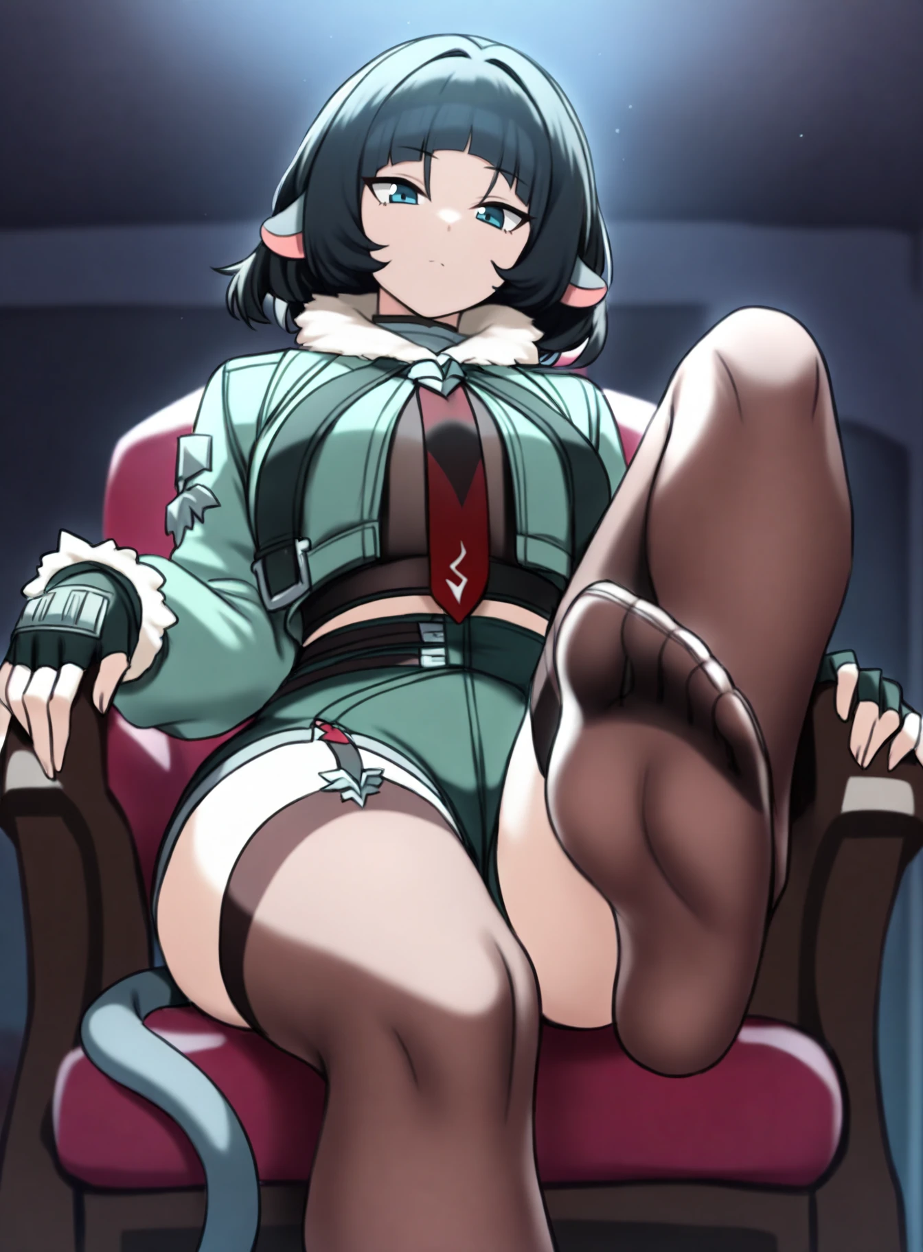 masterpiece, best quality, very aesthetic, absurdres,
1girl, janedoe, bangs, black hair, blue eyes, medium hair,
tail, mouse ears,
fur-trimmed jacket, green jacket, high-waist black shorts, long sleeves, red necktie, belt, fingerless gloves, thighhighs,
sitting on a chair,
indoors, night, looking at viewer, view from below, foot focus, foreshortening, dark background    <lora:JaneDoeIllustriousXL_byKonan:1>