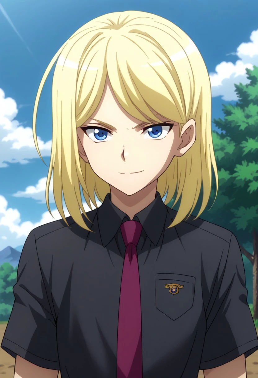 score_9, score_8_up, score_7_up, source_anime, highly detailed, 
shion_xt, 1boy, male focus, solo, blonde hair, medium hair, blue eyes, shirt, black shirt, necktie, purple necktie, short sleeves, upper body, smile, determined, looking at viewer,
outdoor, sky, cloud, tree,