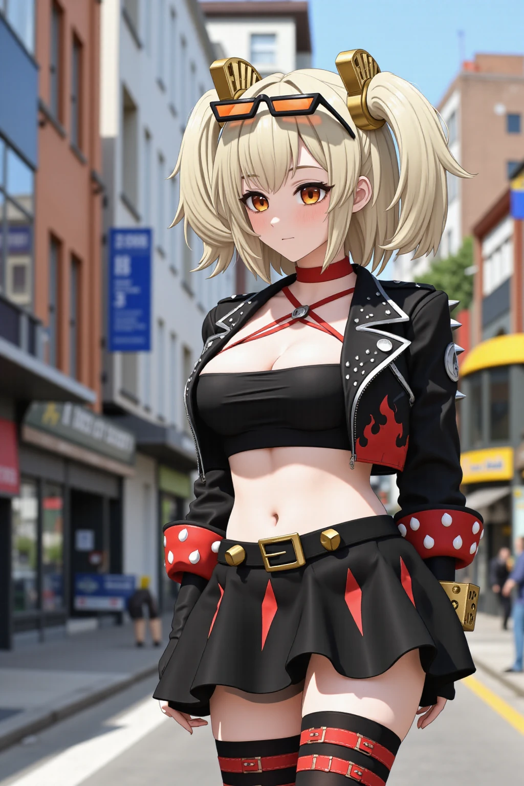 Mature Adult Woman, Burnice, Burnice White, Burnicewhite, Zenless Zone Zero, high quality, 

walking in a city street, 

Orange eyes, Eyewear on head, Sunglasses, Orange-tinted eyewear, Bangs, Blonde hair, Short hair, Short twintails, Twintails, Two side up, Hair ornament, Jacket, Black jacket, Leather jacket, Cropped jacket, Crop top, Tube top, Strapless, Midriff, Cleavage, Navel, Skirt, Black skirt, Pleated skirt, Microskirt, Miniskirt, Black thighhighs, High heel boots, Thigh strap, Black gloves, Fingerless gloves, Belt, Wrist cuffs, Spiked bracelet, Spikes