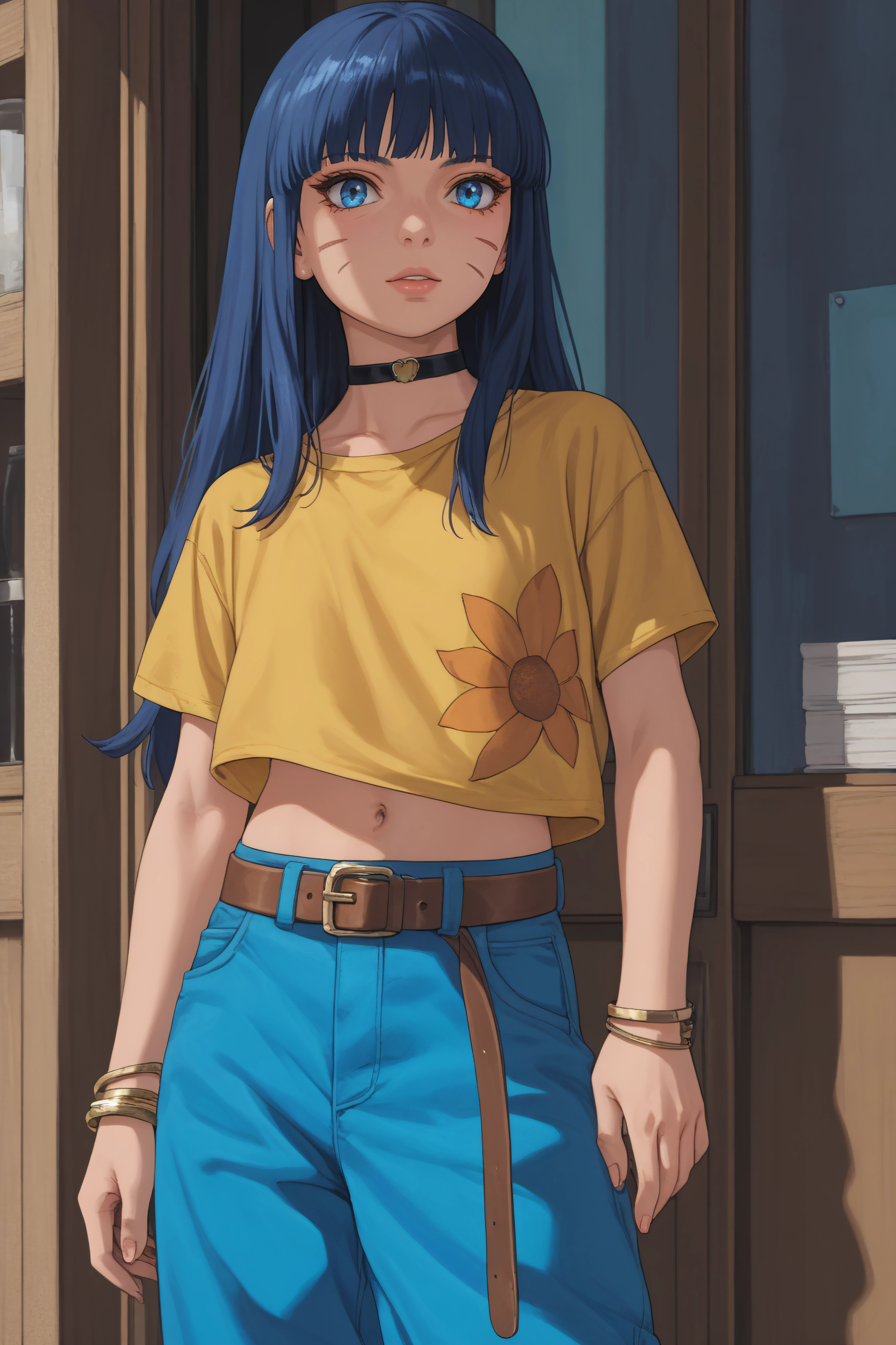 score_9, score_8_up, score_7_up, BREAK source_anime, <lora:Himawari Uzumaki-PonyXL-lora-Faxtron:1> himawari uzumaki, blue eyes, bangs, long hair, facial mark, black choker, yellow shirt, short sleeves, navel, baggy blue pants, belt, bracelet,