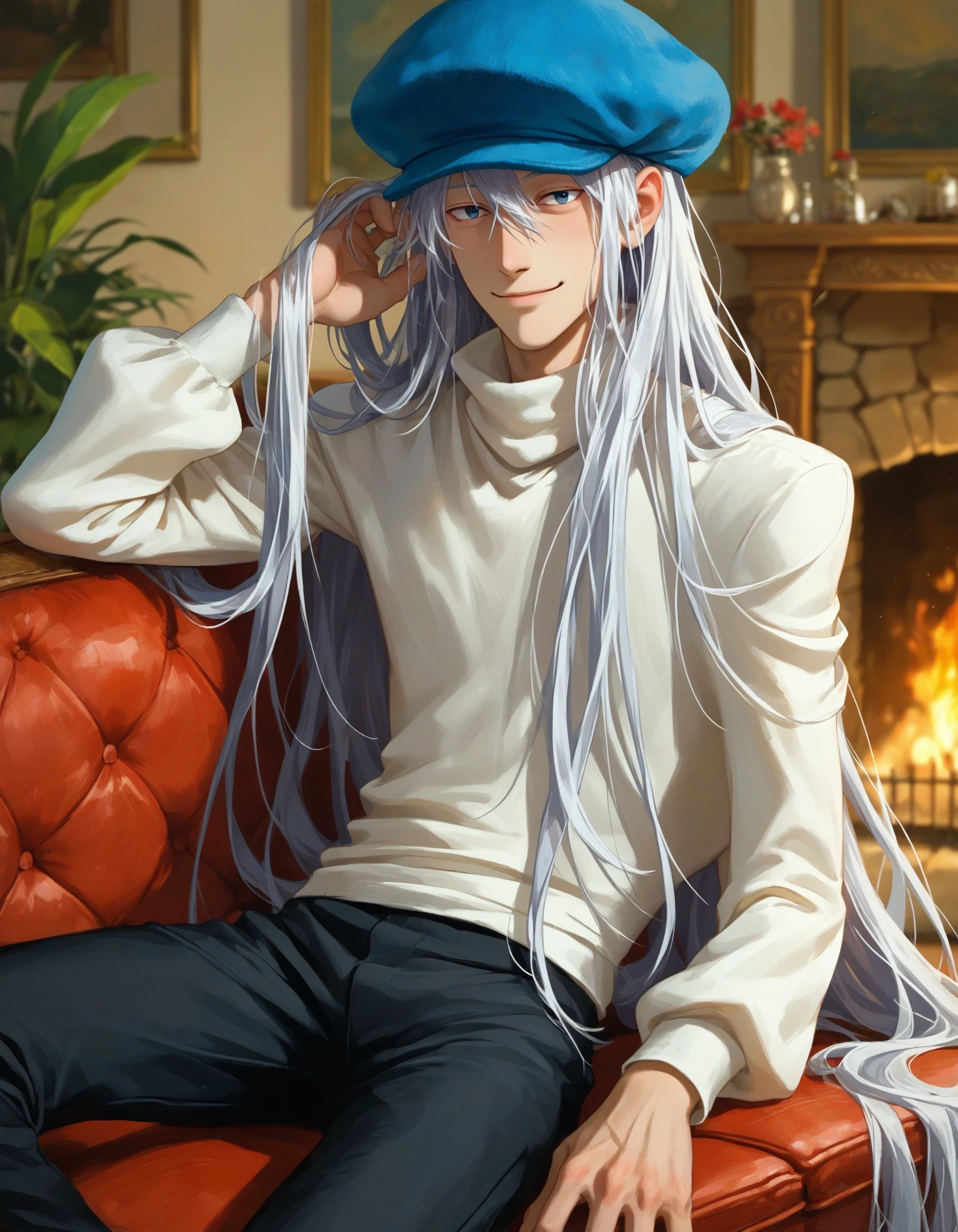 score_9, score_8, score_7, score_6_up, source_anime, indoors, fireplace, velvet couch,
BREAK
1boy, solo, male focus, hxhkite, skinny, white hair, grey hair, very long hair, cabbie hat, white shirt, turtleneck, black pants, messy hair, adjusting hair, jitome, smile, half-closed eyes, looking at viewer, sideways glance, sitting,
<lora:hxhkite-ravenfoot-v1final:0.8>