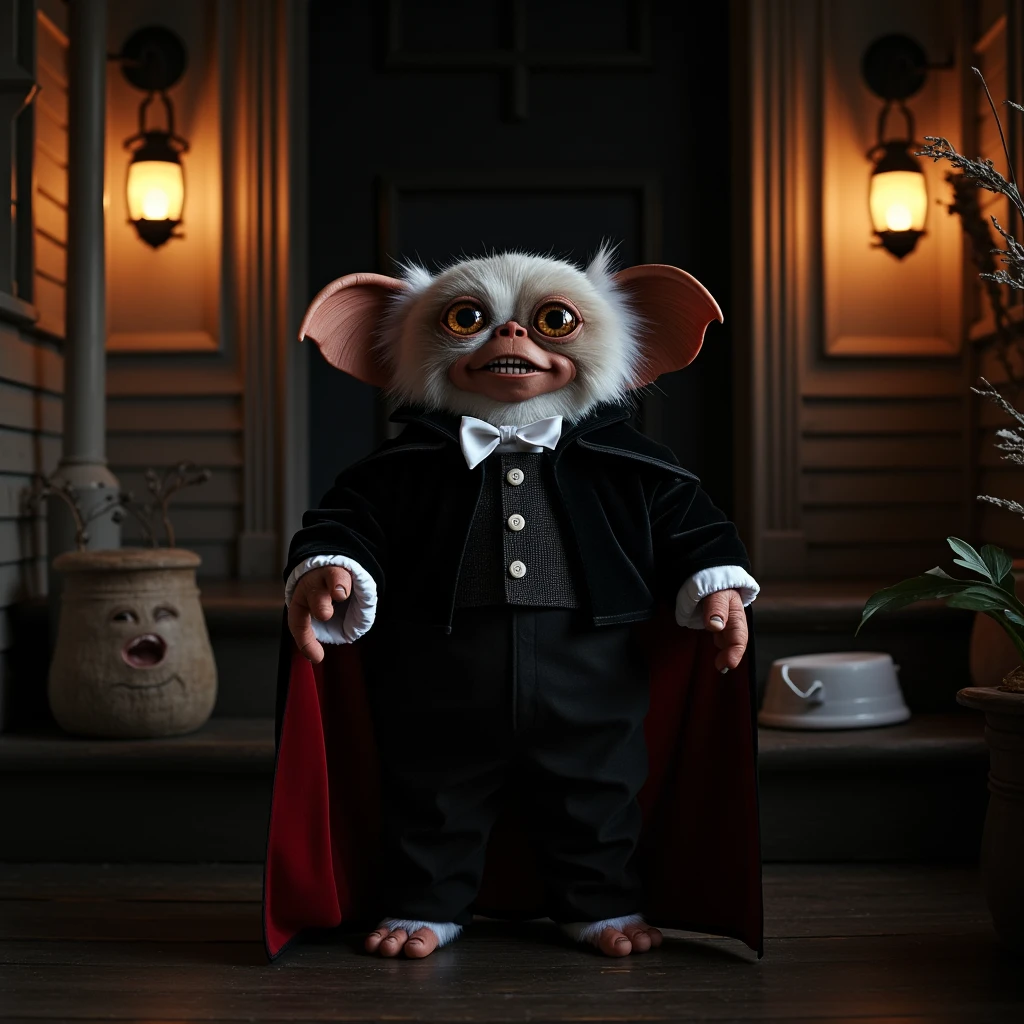 a creepy small mogwai vampire seductive charming wearing bram stocker dracula outfit in a creepy porch