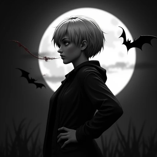 twitter username, closed mouth, bat (animal), full moon, blonde hair, standing, scar, monochrome, hand on hip, blood from mouth