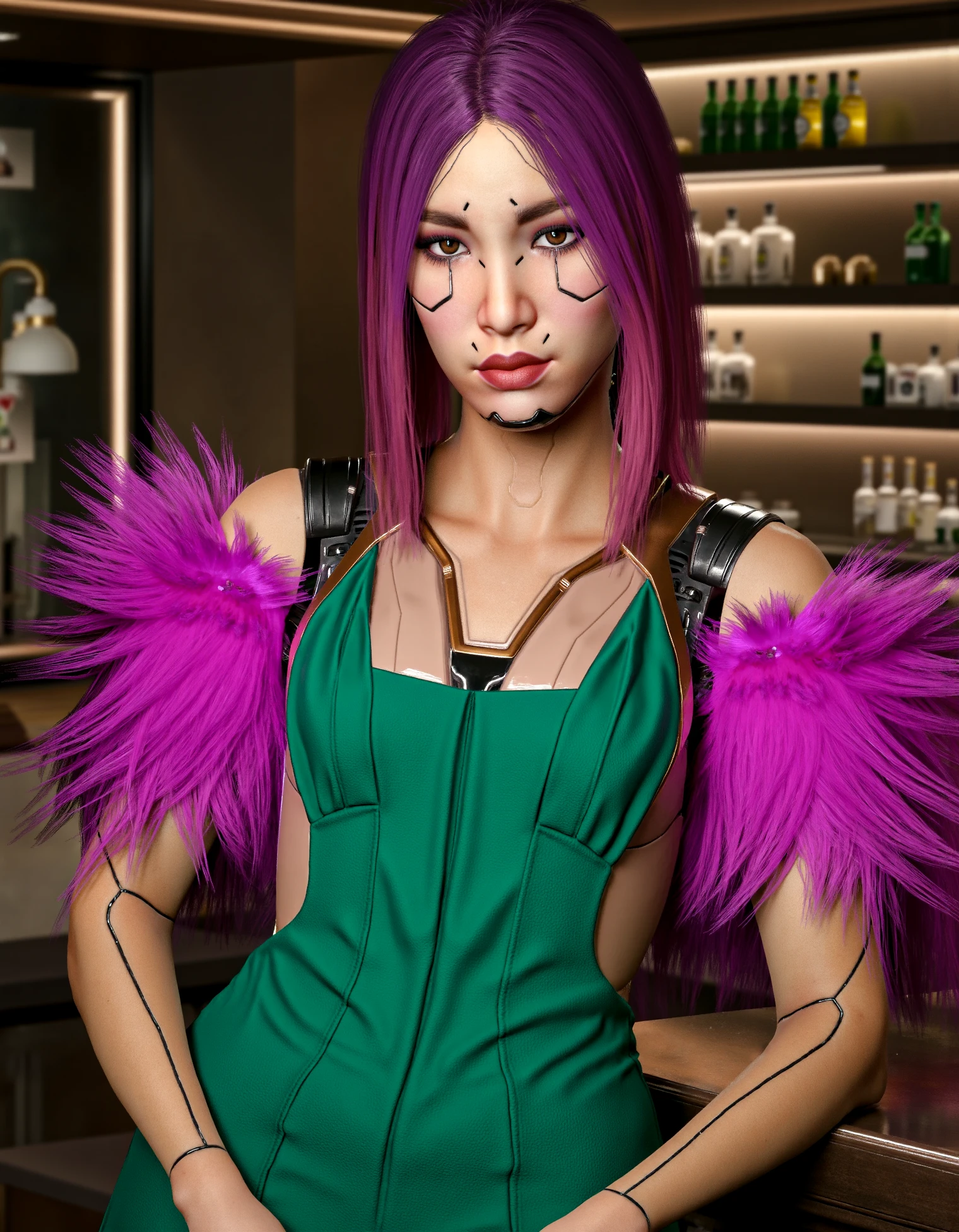 zavy-sngbrd-flx, sngbrd-prty, the front view of a woman with vibrant purple hair wearing a green dress with purple feathers on the upper arms to around her back, her shoulders are cyberware as well as parts of her body. The environment is a luxurious party seen in the background. Leaning against a bartable in cyberpunk party