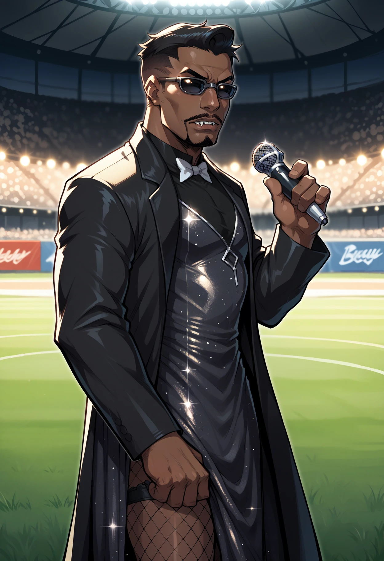 score_9, score_8_up,score_7_up, source_anime, 1boy, solo, bldeb, male focus, manly, dark-skinned male, dark skin, black hair, very short hair, facial hair, mustache, beard, goatee,vampire, 
sunglasses,
fishnet stockings, sequined dress, feathered headpiece, microphone,
in a stadium, grass field , audience,
<lora:bldweb_pdxl_EliPot:1>