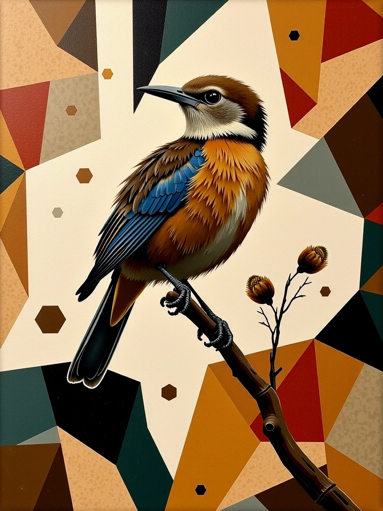 An original abstract painting. Geometric shapes. Advanced artform. Rustic. A bird on a branch.
Oil painting.
gmtrcCE style