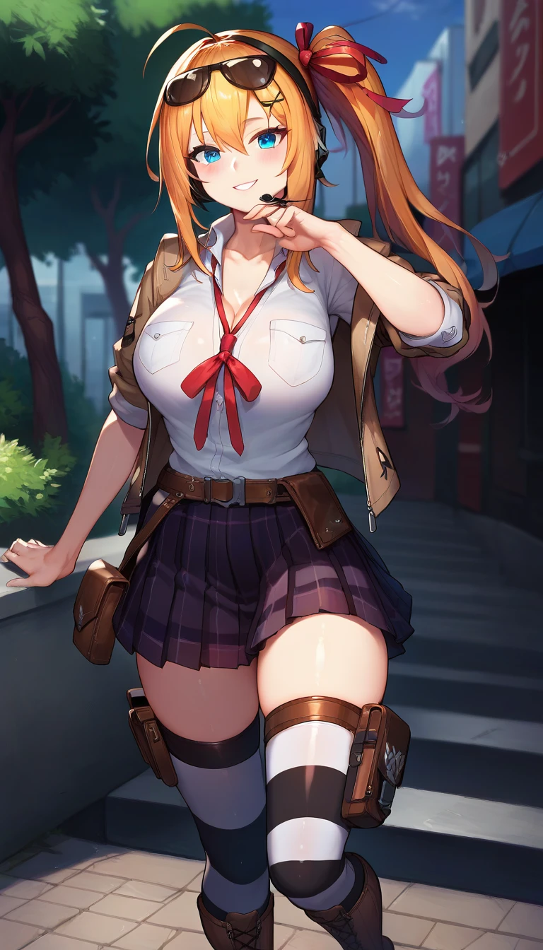 score_9,score_8_up,score_7_up,score_6_up BREAK official art,solo,outdoors,upper body,(portrait:1.5),looking at viewer,facing viewer,smile,blush,Kalina,ahoge,long hair,orange hair,sunglasses on head,headset,one side ponytail,x hair ornament,hair ribbon,sidelocks,hair between eyes,parted bangs,blue eyes,collarbone,cleavage,brown jacket,open jacket,collared shirt,white shirt,breast pocket,neck ribbon,red ribbon,loose bowtie,long sleeves,large breasts,sleeves rolled up,brown gloves,belt pouch,miniskirt,black skirt,plaid skirt,pleated skirt,zettai ryouiki,black thighhighs,striped thighhighs,mismatched legwear,mismatched thighhighs,white thighhighs,thigh holster,high heel boots,cross-laced footwear,brown footwear,<lora:Kalina(gf)-Pony:1.6>,