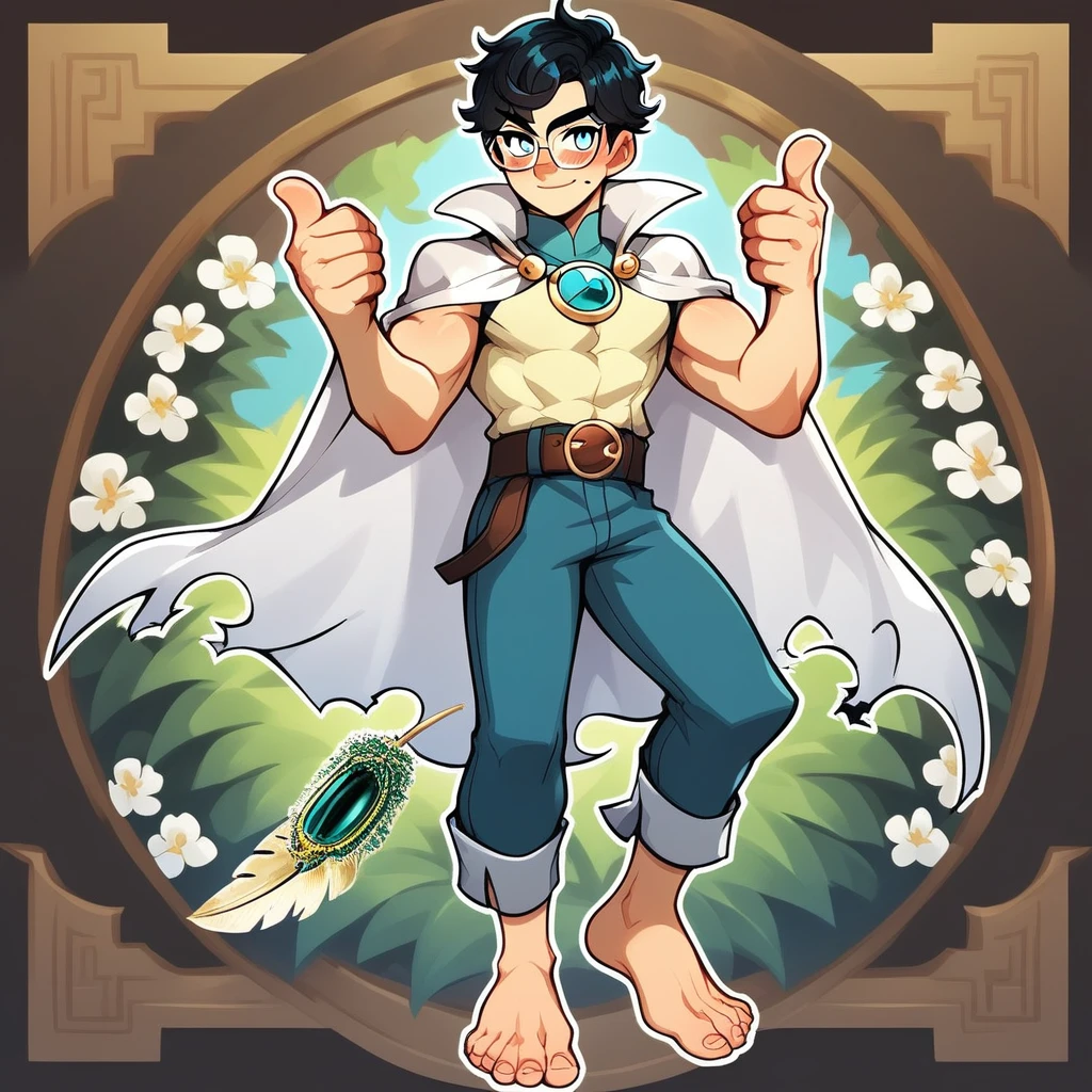 albriëch arwë, turquoise gem, golden quill, turquoise quill, turquoise brooch, 1boy, male focus, barefoot, solo, black hair, muscular, smile, blue eyes, glasses, white cape, pants, belt, muscular male, blue pants, looking at viewer, full body, pectorals, sleeveless, cape, torn clothes, shirt, mole, outdoors, brown belt, thumbs up, , SOLO, thick outline, black outline, CUTE FACE, Flower bed background, orgasmic looking, blushing,black outline,thick outline, looking at viewer,