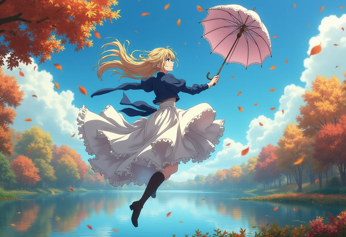 Anime style, sharp, high contrast and highly detailed. Ghibli anime style. Perfect anatomy. Perfect body ratio. No oversized head. No blurry, out of focus pictures. No simple background, no single color background
 <lora:Violet_evergarden_violet_flux_2_2:1> violeteg, blonde,,
She is gracefully floating in mid-air while holding a delicate parasol. The setting appears to be a peaceful, serene landscape with a calm lake reflecting the surrounding autumn foliage. The wind blows leaves through the air, adding a sense of motion and seasonal beauty.
Violet is wearing her signature outfit, which consists of a navy-blue jacket and a full white, flowing dress with a layered skirt that billows in the wind. Her long boots are visible beneath the dress, and the overall outfit adds to the sense of elegance and grace. The parasol she holds is detailed with frills, matching the aesthetic of her dress, and she appears to be effortlessly carried by the wind, capturing a dreamy, almost magical moment in nature. The background enhances the peaceful atmosphere, with a calm lake, trees in fall colors, and a clear blue sky. The image blends serenity with a sense of freedom, as Violet floats amidst the falling leaves.
Full body, wide angle.