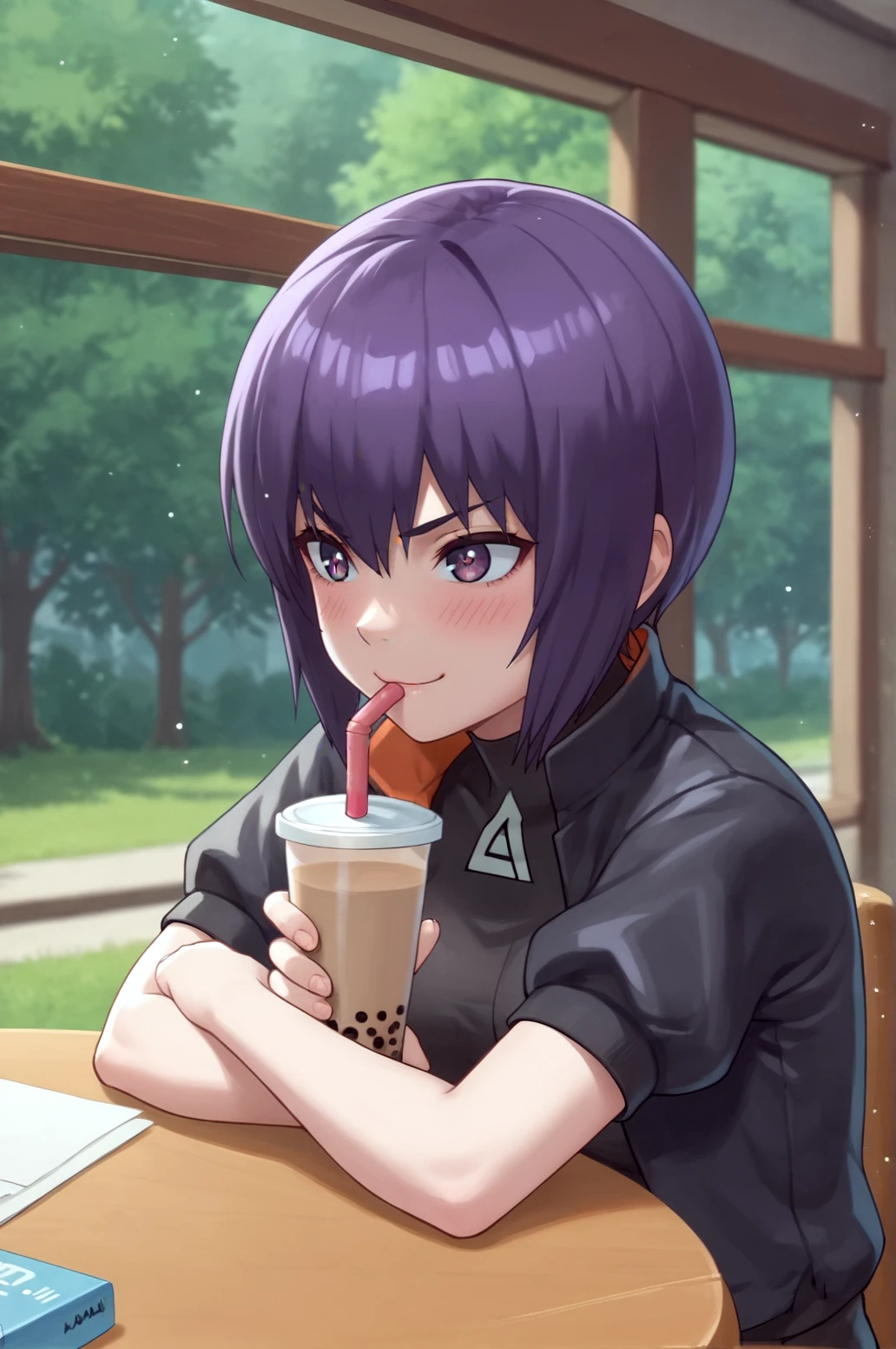 score_9, score_8_up, score_7_up,anime_source, source_anime, best background, detailed background, anime screencap,  Matoko Kusanagi SAC 2045, Main Outfit, indoors, blush, dynamic angle, dynamic pose, smug, drinking, bubble tea, soft particles, outdoors, <lora:JN_Matoko_Kusanagi_SAC_2045:0.8>