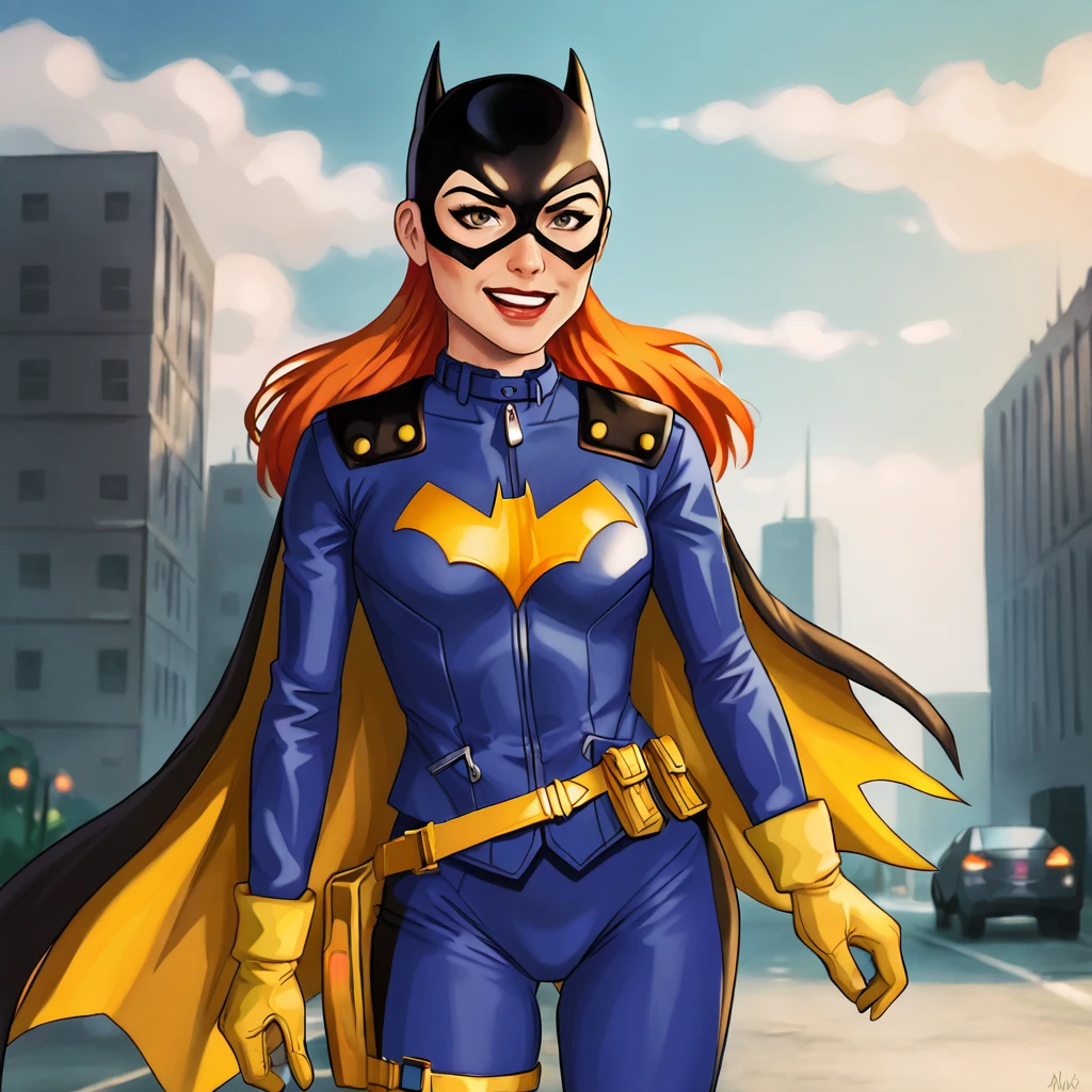 <lora:batgirlburnside_pony_v1:1> BatgirlBurnside, 1girl, cape, domino mask, bodysuit, gloves, superhero, orange hair, cowboy shot