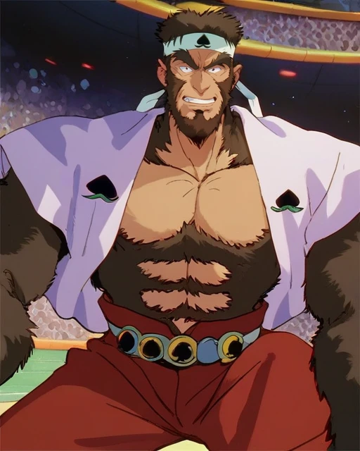 score_9, score_8_up, score_7_up, score_6_up, furry, kuromomotaro, mature male, headband, beard, facial hair, fur, open shirt, red pants, 
<lora:yuyuhakusho_kuromomotaro_transform:0.8>