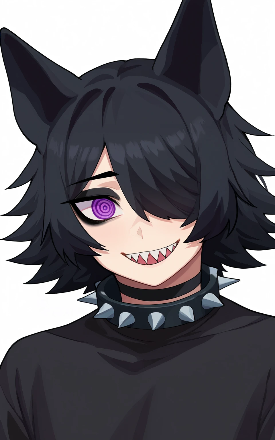 score_9, <lora:BunyBunyBoi v1 - Pony:1>
1boy, solo, simple background, white background, purple eyes, ringed eyes, black hair, cat ears, large ears, hair over one eye, smile, sharp teeth, choker, black choker, spiked collar, black sweater, turtleneck, turtleneck sweater, long sleeves, upper body, short hair, goth, eyeshadow, black eyeshadow, eyeliner, otoko no ko,