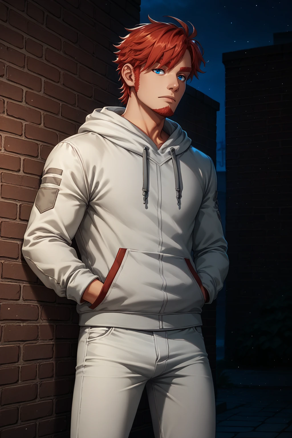 score_9, score_8_up, solo, 1boy, <lora:NSArloPortia:1> NSArloPortia, red hair, blue eyes, goatee, white hoodie, brick way, white pants, night, dark, hands in pockets