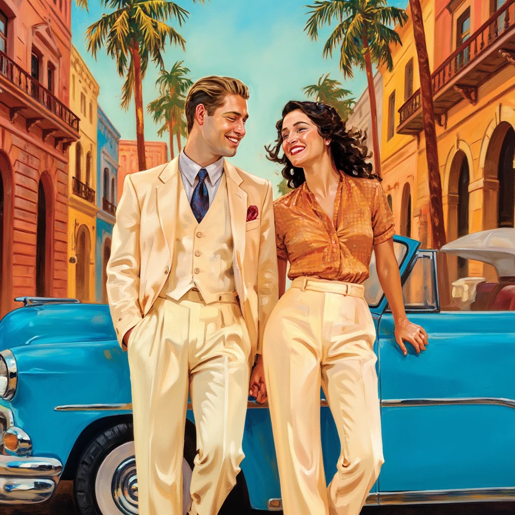 Kaistyle, Set against the colorful backdrop of Havana, Cuba, this image captures a stylish man in a cream suit and a confident woman leaning against a classic blue car, exuding the vibrant, retro charm of a bygone era. The warm, sunlit scene showcases the distinct architecture, palm trees, and iconic vintage vibes of Cuba, creating a perfect blend of nostalgia and romance