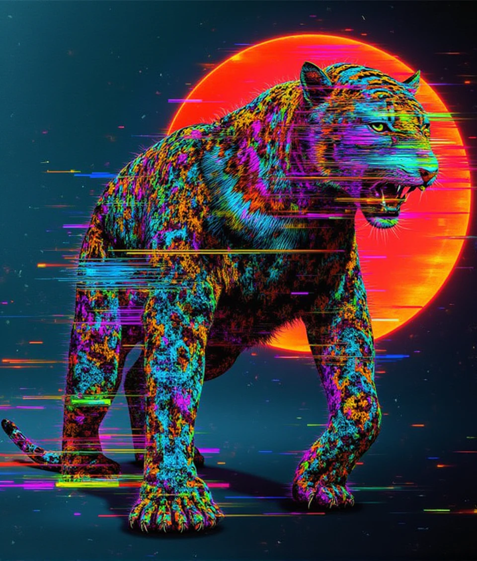 glitch-tech style,a tiger chasing prey