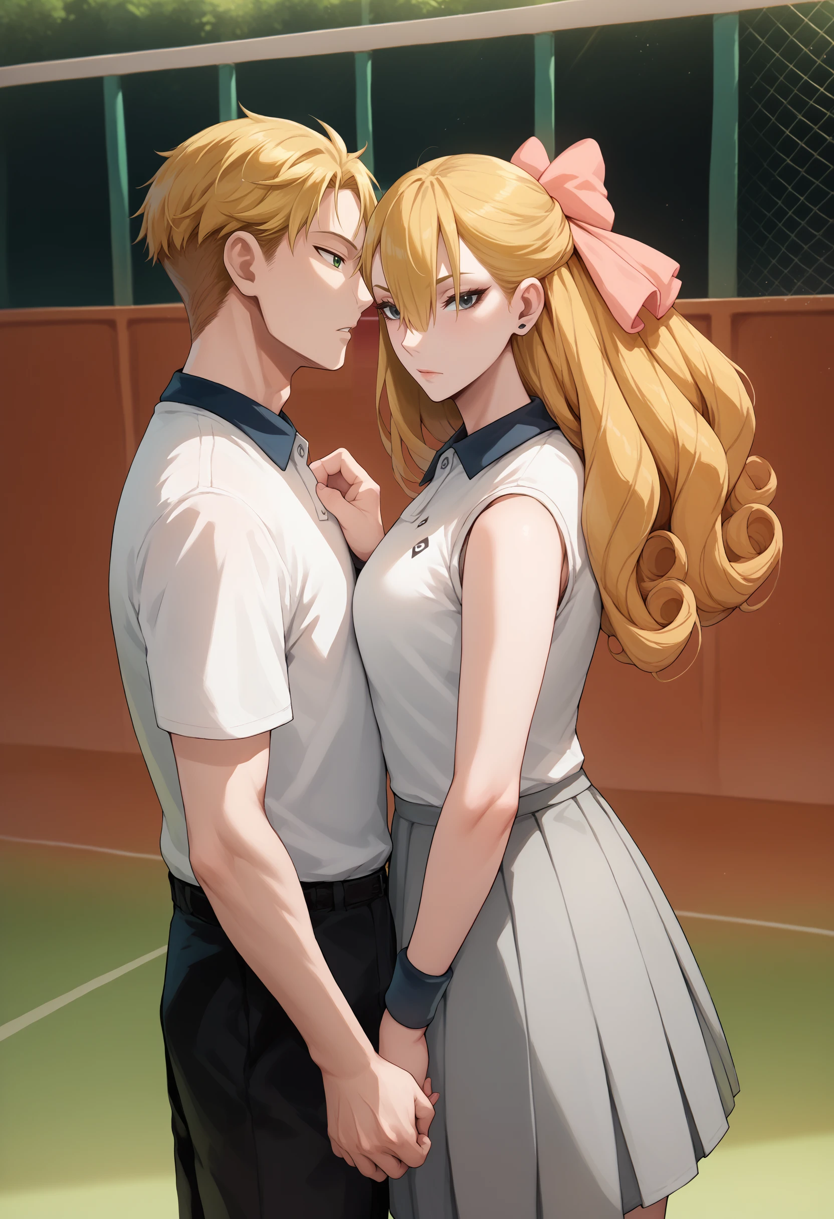 score_9, score_8_up, score_7_up, standing, tennis ball, looking at viewer, cowboy shot, looking at another, 
BREAK 1boy, loid forger, blonde hair, short hair, green eyes, <lora:LoidForgerTwilight_pdxl_Incrs_v1:1>, tennis uniform, white shirt, male focus, 
BREAK 1girl, <lora:spyxfamily_fionafrost_ponyXL:1>, fionatennis, long hair, blonde hair, hair over one eye, hair bow, pink bow, grey eyes, tennis uniform, white shirt, sleeveless shirt, grey skirt, wristband,