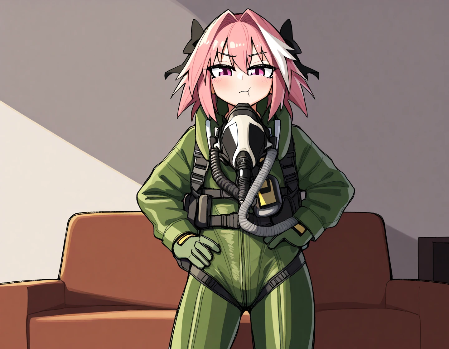 masterpiece, best quality, very aesthetic, absurdres, amazing quality, (wamudraws:0.6), BREAK
1boy,solo,(g-suit:1.3),astolfo,feminine male,otoko no ko,contrapposto,standing,pink eyes,indoors,pout,living room,,unworn mask,oxygen mask,pilot,sofa,painting,armospheric perspective,cozy,dimly lit,<lora:g-suit_illus-000008:1> <lora:novel_style_illustrious-xl-epo15:0.4>