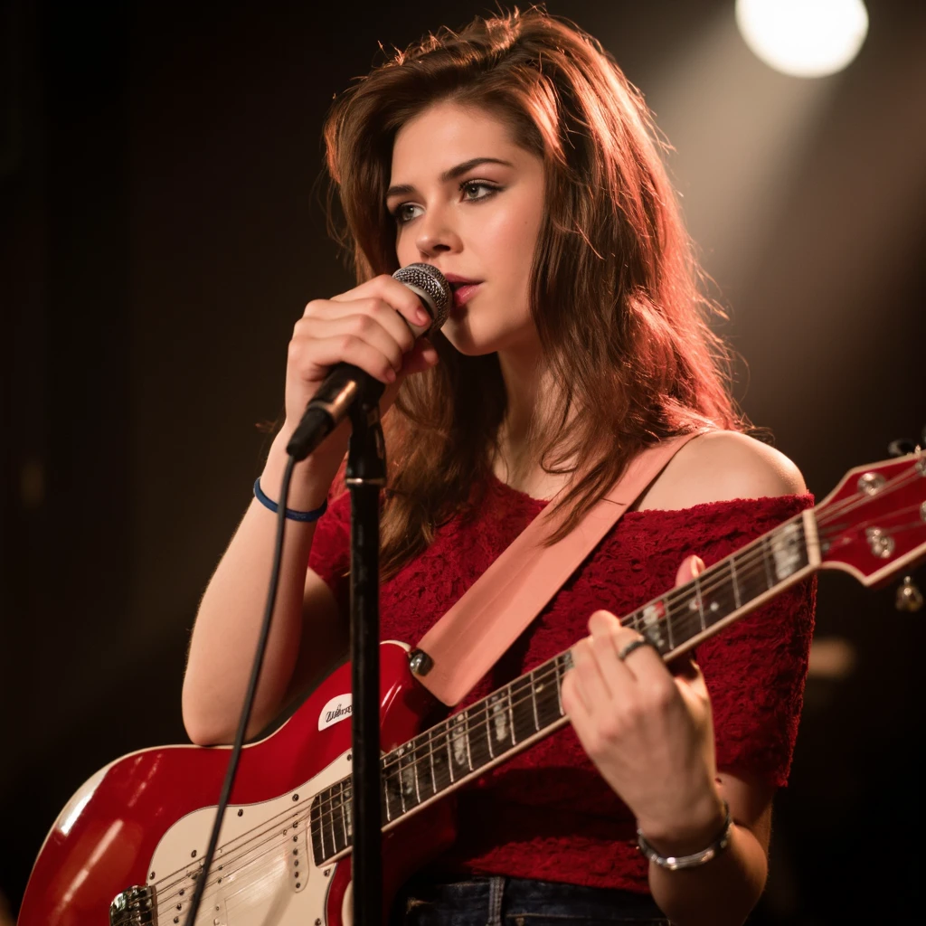 A close-up portrait of elise_trouw singing into a microphone while playing an electric guitar. She wears a red lace top and a blue wristband. The guitar is a vibrant red with a glossy finish, and she has a focused expression. The background is dark, with a spotlight illuminating her face and the guitar. The lighting casts a warm glow on her face, highlighting her features. The image conveys a mood of intense emotion and passion.