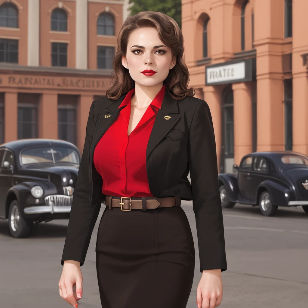 <lora:peggycartermcu_pony_v1:1>PeggyCarterMCU, 1girl, brown eyes, lipstick, makeup, shirt tucked in, formal, belt, breasts, suit, black skirt, brown long hair, red shirt, black jacket, open clothes, red lips