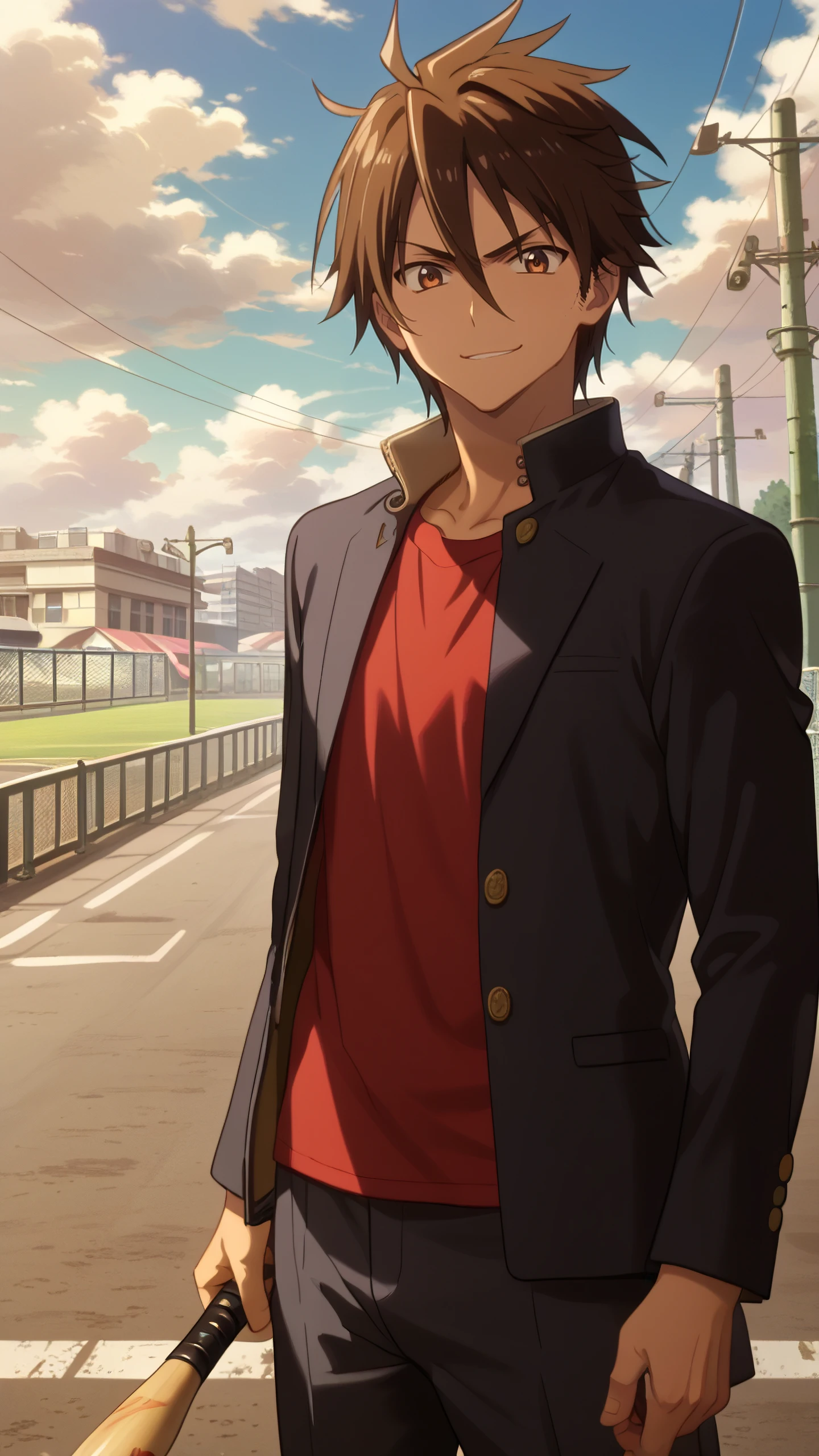 score_9, score_8_up, score_7_up, mature male, looking at viewer, cowboy shot, 
<lora:Takashi_Komuro_Dwnsty:1>, takashi_komuro, brown hair, brown eyes, hair between eyes, short hair, school uniform, black jacket, buttons, red shirt, 
light smile, smirk, baseball bat, holding weapon, 
outdoors, street, cloudy sky, highway,