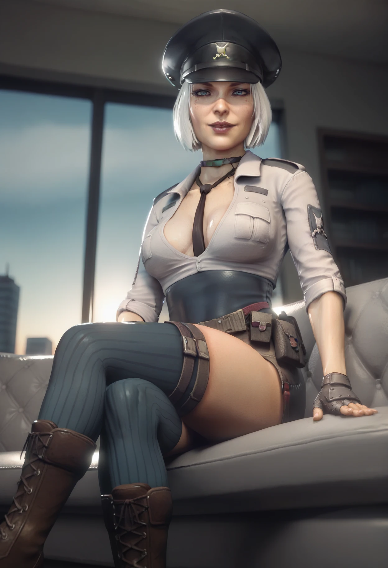 score_9, score_8_up, score_7_up, score_6_up, <lora:DR3Hilde_epoch_10:0.8>, DR3Hilde, 3d, 1girl, solo, blue eyes, short hair, white hair, lipstick, breasts, freckles on breasts,
military hat, black choker, black necktie, necktie between breasts, 
military uniform, collared shirt, sleeves rolled up, cleavage, fingerless gloves, belt pouch, walkie-talkie, miniskirt, thigh strap, thigh holster, vertical-striped thighhighs,
brown boots, 
looking at viewer, seductive smile, sitting, couch, crossed legs, from side, 
BREAK dusk, sunbeam, cityscape, indoors, window,