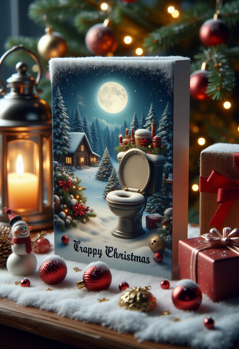 <lora:Greeting_Card_Designer_FLUX:0.7>
The image is a high-quality CGI illustration of a festive Christmas scene, rendered in a detailed, photorealistic style. The central subject is a rectangular card with a snowy, idyllic Christmas scene on it. The card features a snow-covered, intricately detailed toilet adorned with red ornaments and a star on top, along with the text "Crappy Christmas!". Below the toilet, a quaint log cabin with a glowing window and smoke coming from the chimney is visible. The background showcases a serene, snow-covered forest with tall pine trees, and a full moon illuminates the scene, casting a soft, warm glow.
The card is placed on a rustic wooden surface, covered with snow, and surrounded by festive elements. To the left, there's a lantern with a lit candle, casting a warm, soft light. In front of the lantern, a small, intricately carved wooden snowman and a pine cone are placed. To the right, a wrapped gift with a red ribbon and a snow-covered box with a bow are visible.