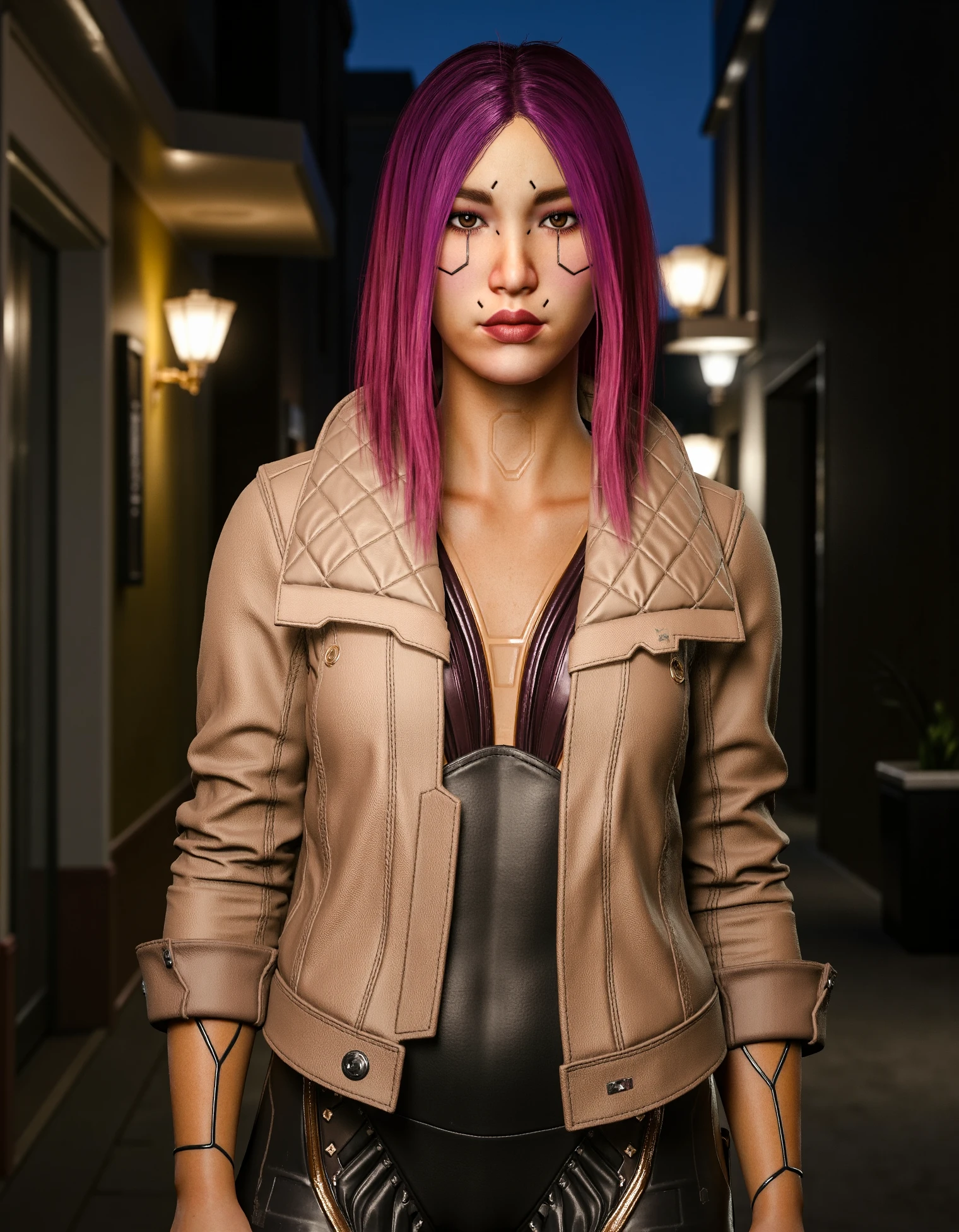 zavy-sngbrd-flx, sngbrd-cbrspc, the front view of a woman with vibrant purple hair wearing a beige leather quilted jacket with rolled up sleeves over her bodysuit. The environment is a dark alley at night